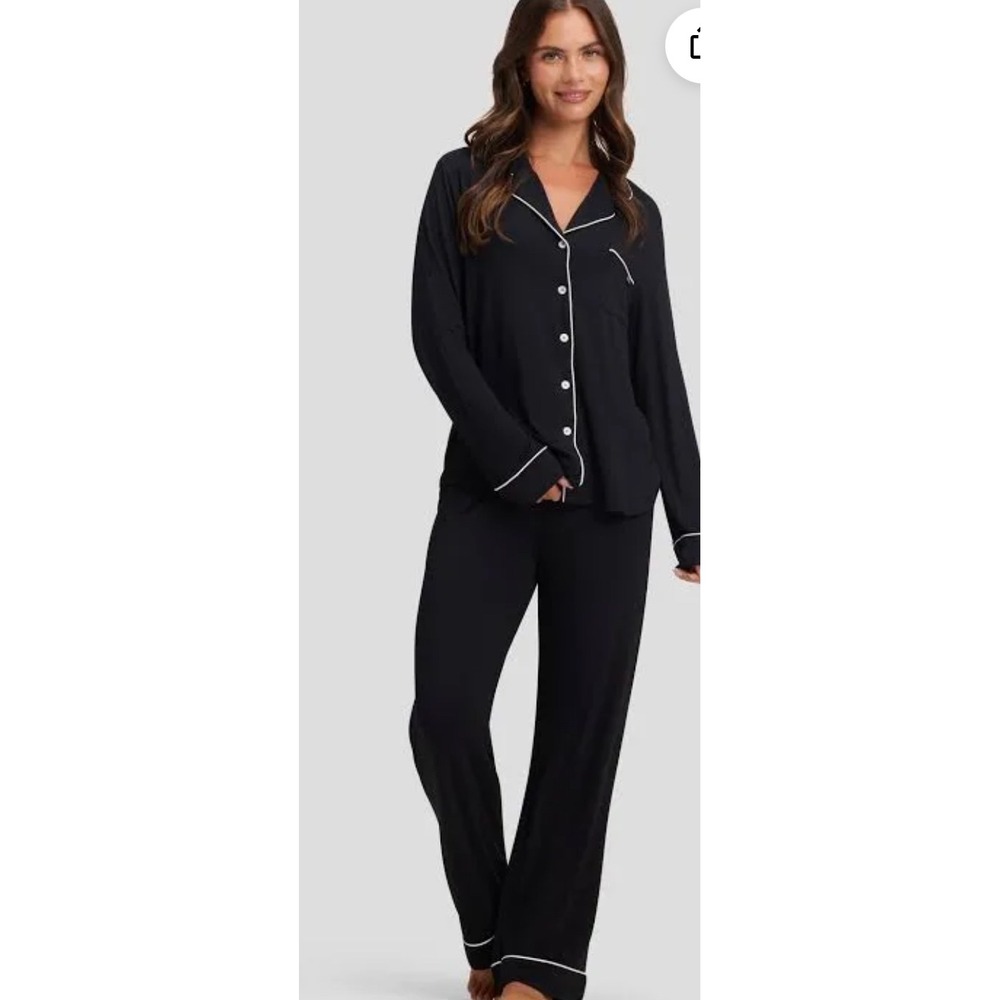 Cozy Earth Bamboo Stretch-Knit Long Sleeve Pajama Set Black White Piping Tall S